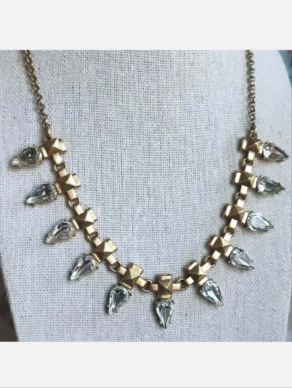 J Crew Teardrop Crystal Clear Rhinestone Matte Oxidized Brass Statement Necklace